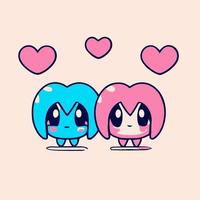 Cute chibi heart couple in love valentine kawaii illustration for valentines day vector