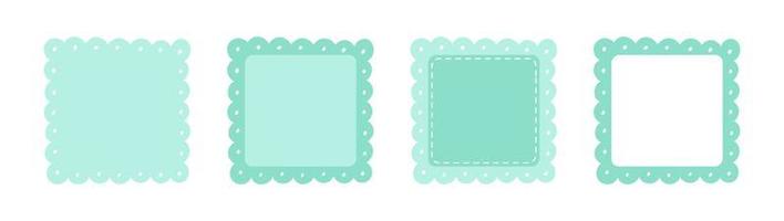 Scalloped Edge Stitched Square Badge Set. Simple label sticker template. Cute vintage frill ornament. Vector illustration isolated on white background.