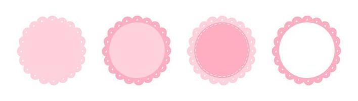 Scalloped Edge Stitched Circle Badge Vector Set. Simple label sticker frame template. Cute vintage frill ornament. Vector illustration isolated on white background.