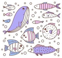 conjunto de peces lindos y divertidos aislados sobre fondo blanco. ilustración vectorial dibujada a mano en estilo garabato. perfecto para decoraciones, logo, varios diseños. Personajes de caricatura. vector