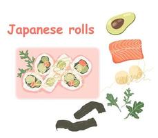 rollos japoneses. ilustración de una receta de rollos con pescado rojo y aguacate. vector