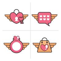 Valentine icon heart with wings illustration, Happy Valentine's Day, love padlock, message, ring, bag vector