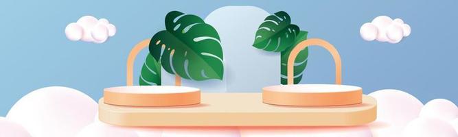 Concepto de netural tropical de hoja de maqueta de podio geométrico 3d para presentación de producto de escena mínima abstracta de fondo verde de escaparate vector