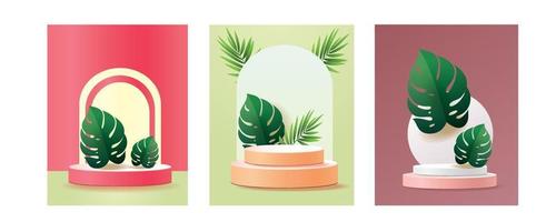 3d geometric podium mockup leaf tropical netural concept for showcase green background Abstract minimal scene product presentation vector