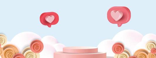 pink podium valentine sale with flower sky blue background vector 3d banner cloud