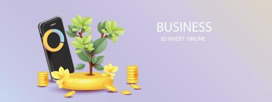 flecha crecimiento dinero árbol moneda planta para ahorrar dinero vector 3d banca ingresos negocio en teléfono invertir