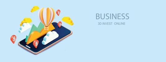 3D mobile phone funding business graph trading online vector render  style icon illustration coin growing business creative concept for finance, investment, notification banking save