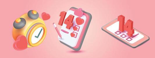 valentine time 14 with Yellow alarm clock and heart pink background clipboard with checklist and pencil vector