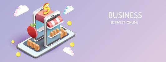 3d vector isometric render online shopping with phone using tags promotion or cash for banner. online pass smartphone .shop purchase basket retail store on e-commerce