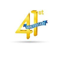41st golden Anniversary logo with blue ribbon isolated on white background. 3d gold Anniversary logo vector