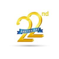 22nd golden Anniversary logo with blue ribbon isolated on white background. 3d gold Anniversary logo vector