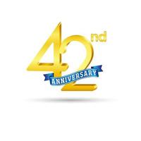 42nd golden Anniversary logo with blue ribbon isolated on white background. 3d gold Anniversary logo vector