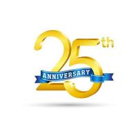 25th golden Anniversary logo with blue ribbon isolated on white background. 3d gold Anniversary logo vector