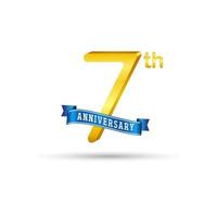 7th, golden Anniversary logo with blue ribbon isolated on white background. 3d gold Anniversary logo vector