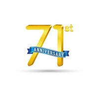 Logotipo del 71.º aniversario de oro con cinta azul aislada en fondo blanco. logotipo de aniversario de oro 3d vector