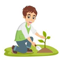 Cute dibujos animados niño pequeño planta un árbol aislado sobre fondo blanco. vector