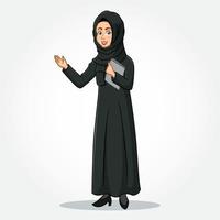 Arabic Businesswoman cartoon Character in traditional clothes Holding a  clipboard with Welcoming Hands vector