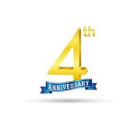 4th golden Anniversary logo with blue ribbon isolated on white background. 3d gold Anniversary logo vector