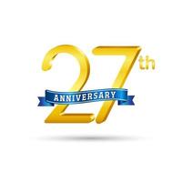 27th golden Anniversary logo with blue ribbon isolated on white background. 3d gold Anniversary logo vector