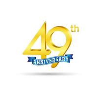 49th golden Anniversary logo with blue ribbon isolated on white background. 3d gold Anniversary logo vector