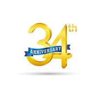 34th golden Anniversary logo with blue ribbon isolated on white background. 3d gold Anniversary logo vector