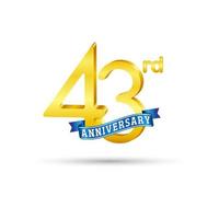 43rd golden Anniversary logo with blue ribbon isolated on white background. 3d gold Anniversary logo vector