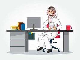 personaje de dibujos animados de hombre de negocios árabe con ropa tradicional sentado en su escritorio, sosteniendo un portapapeles vector