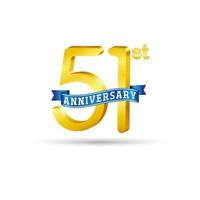 51st golden Anniversary logo with blue ribbon isolated on white background. 3d gold Anniversary logo vector