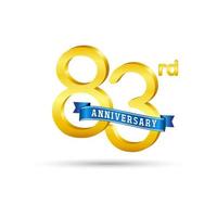 83rd golden Anniversary logo with blue ribbon isolated on white background. 3d gold Anniversary logo vector