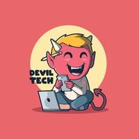 pequeño personaje del diablo tocando la ilustración del vector del teléfono. tecnología, diablo, concepto de diseño tecnológico.