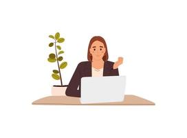 Business woman sitting at office work desk. Happy femalr employee communication via internet. Flat vector illustration isolated on white background
