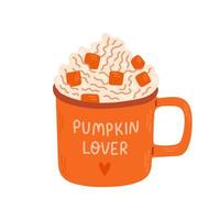 taza de café con leche con especias de calabaza para el menú de otoño o el diseño de tarjetas de felicitación. ilustración vectorial vector