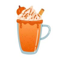 taza de café con leche con especias de calabaza para el menú de otoño o el diseño de tarjetas de felicitación. ilustración vectorial vector