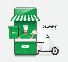 Chef holding food with cover on it and square food bag on side is placed for food delivery man and all are in front of store vector