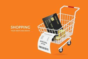 Credit card or ATM card and gold coins or dollars place in shopping cart and receipt paper with text special offer comes out of the cart,vector 3d isolated on orange background for shoping promotion vector