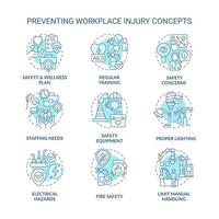 Avoiding workplace injury turquoise concept icons set. Employee health and safety idea thin line color illustrations. Isolated symbols. Editable stroke vector