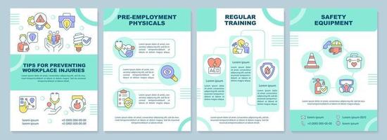 Tips for preventing workplace injuries blue brochure template. Leaflet design with linear icons. Editable 4 vector layouts for presentation, annual reports