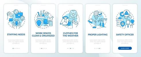 Avoiding occupational injuries tips blue onboarding mobile app screen. Walkthrough 5 steps editable graphic instructions with linear concepts. UI, UX, GUI template vector