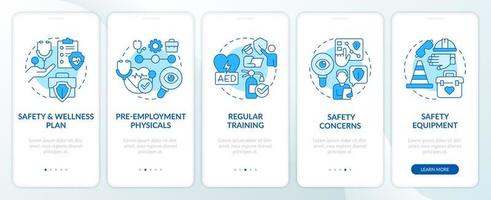 Accident avoiding in workplace tips blue onboarding mobile app screen. Walkthrough 5 steps editable graphic instructions with linear concepts. UI, UX, GUI template vector