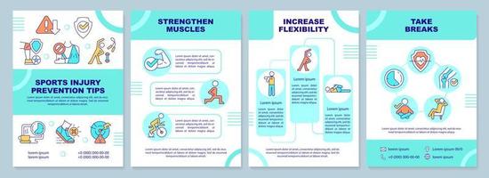 plantilla de folleto azul de consejos de prevención de lesiones deportivas. diseño de folletos con iconos lineales. 4 diseños vectoriales editables para presentación, informes anuales vector