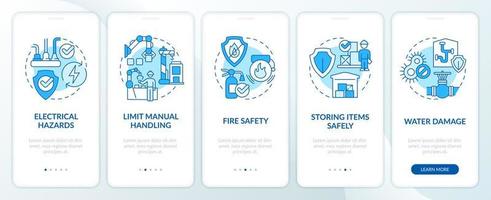 Minimizing accidents amount at work blue onboarding mobile app screen. Walkthrough 5 steps editable graphic instructions with linear concepts. UI, UX, GUI template vector