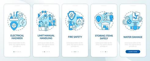 Minimizing accidents amount at work blue onboarding mobile app screen. Walkthrough 5 steps editable graphic instructions with linear concepts. UI, UX, GUI template vector