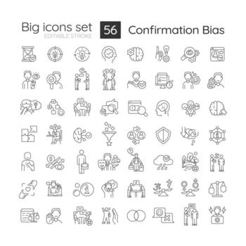 Confirmation bias linear big icons set. Barrier to critical thinking. Customizable thin line symbols. Isolated vector outline illustrations. Editable stroke