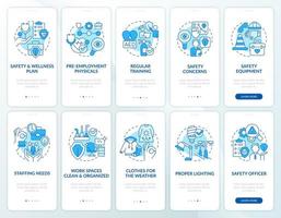 Avoiding injuries at work tips blue onboarding mobile app screen set. Walkthrough 5 steps editable graphic instructions with linear concepts. UI, UX, GUI template vector