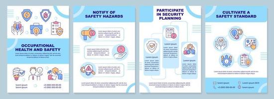 plantilla de folleto azul de seguridad y salud en el trabajo. diseño de folletos con iconos lineales. 4 diseños vectoriales editables para presentación, informes anuales vector