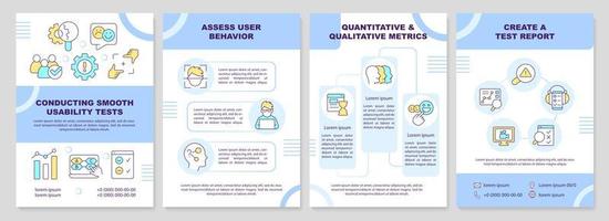 Conducting smooth usability tests blue brochure template. UX. Leaflet design with linear icons. Editable 4 vector layouts for presentation, annual reports