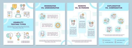 plantilla de folleto azul de tipos de prueba de usuario. ux métodos de investigación. diseño de folletos con iconos lineales. 4 diseños vectoriales editables para presentación, informes anuales vector