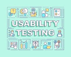 Usability testing word concepts turquoise banner. Behavioral research. Infographics with editable icons on color background. Isolated typography. Vector illustration with text