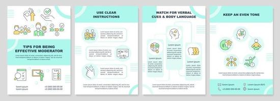 Tips for being effective moderator turquoise brochure template. Leaflet design with linear icons. Editable 4 vector layouts for presentation, annual reports