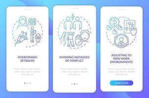 Flexible workers blue gradient onboarding mobile app screen. Stress management walkthrough 3 steps graphic instructions with linear concepts. UI, UX, GUI template vector